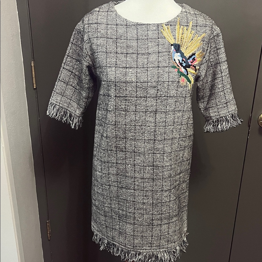 Gray Plaid Dress with Fringe and Embroidery